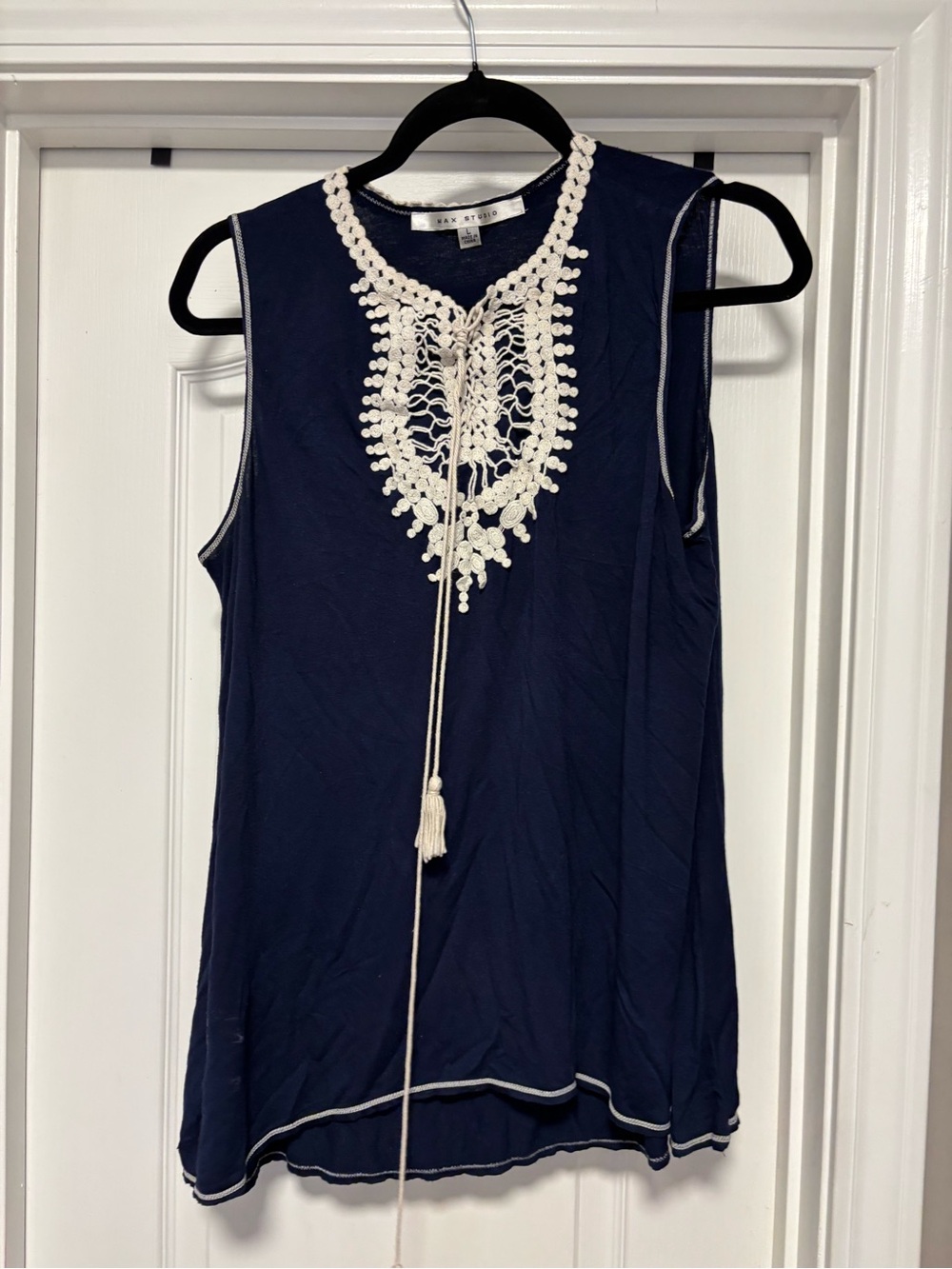 Max Studio Navy Tank Top with Ivory Crochet Detail